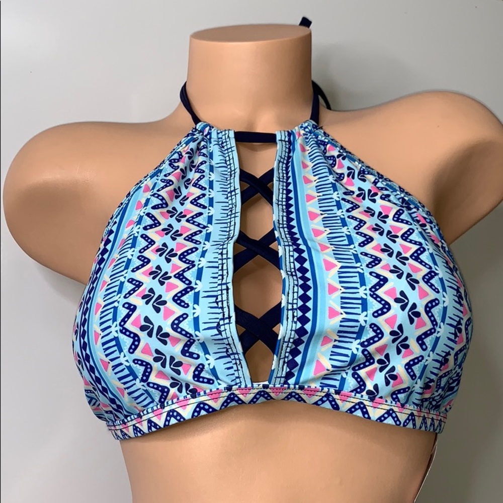 NWT FASHION WORLD Blue High Neck Tribal Swim Top